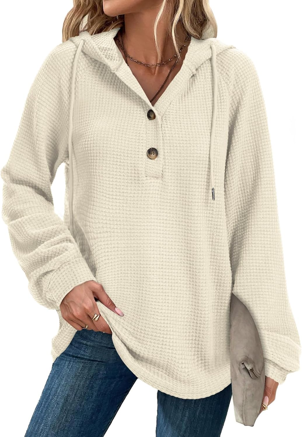 Womens Oversized Waffle Knit Hoodies Sweatshirt Casual Drawstring Button V-Neck Pullover for Daily Wear and Travel