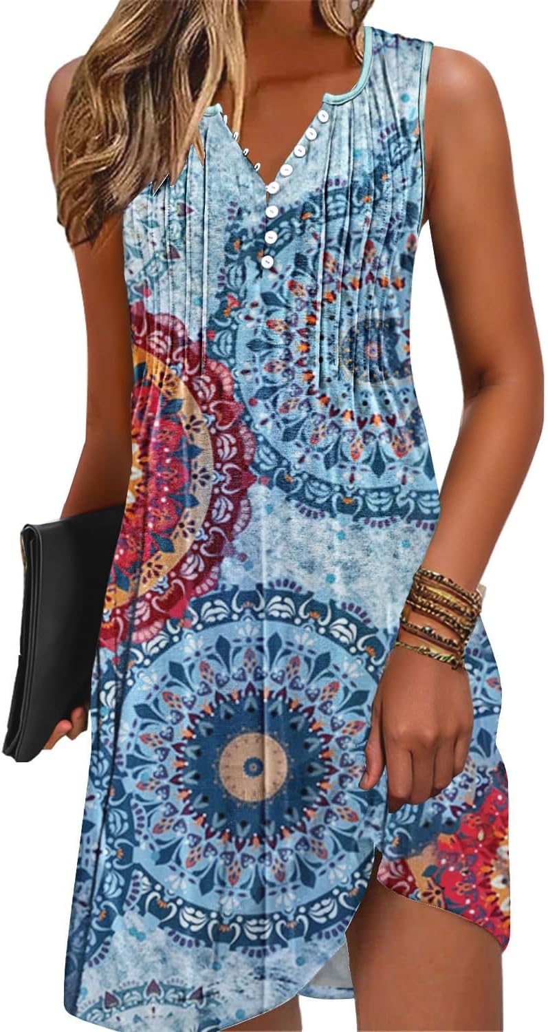 Disamer Beach Dresses for Women 2026 Vacation Swim Cover up V-Neck Summer Dress Button Down Sleeveless Boho Floral Sundress