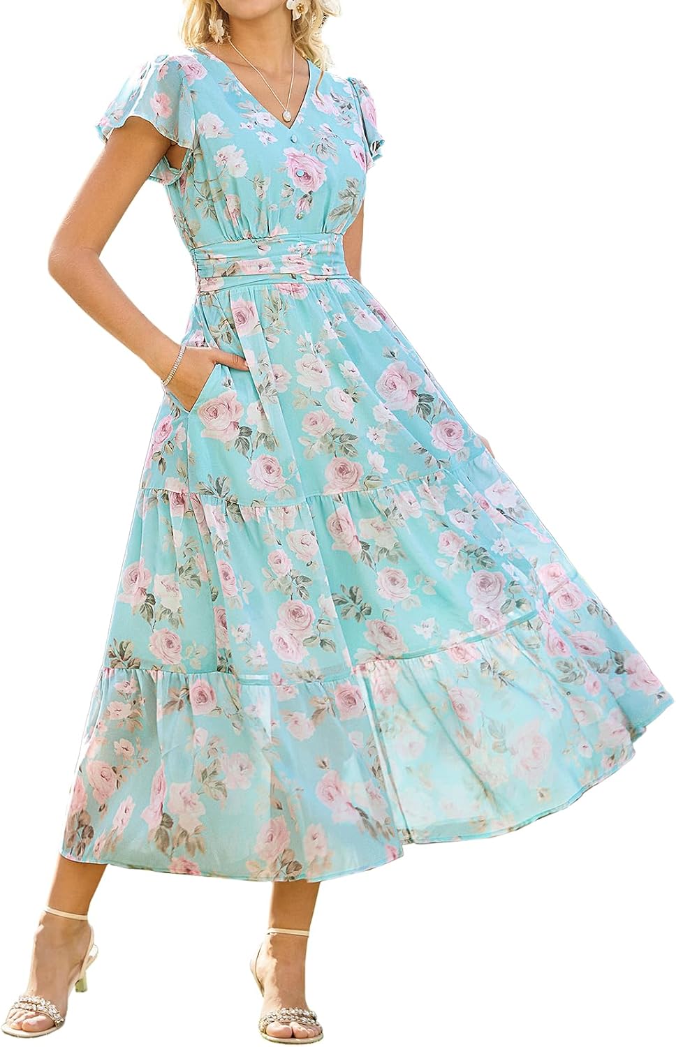 GRACE KARIN 2026 Women Summer Dress,Maxi Short Sleeve Floral Dresses,Semi Formal Flowy Wedding Guest Dress with Pocket
