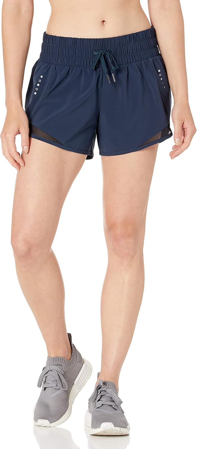 Amazon Essentials Women’s Regular-Fit Athletic Ruched Waistband Woven Running Shorts with Zip Pocket