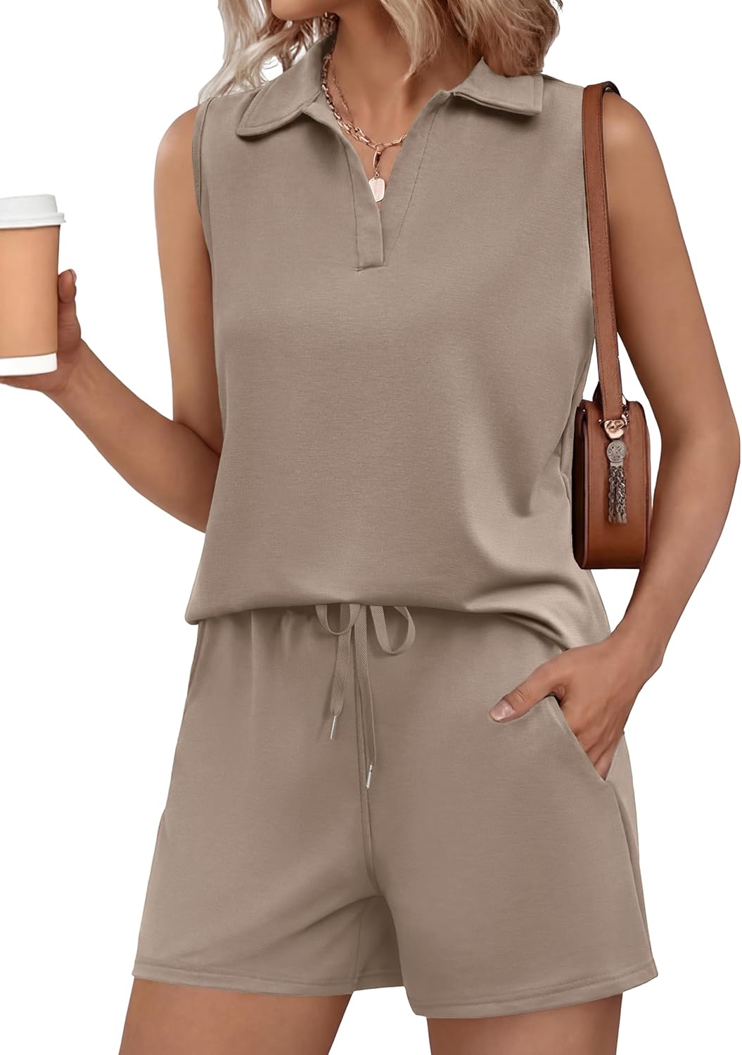Glamaker Womens Two Piece Short Sets Summer V Neck Travel Outfits Sweatsuits Sleeveless Lounge Sets Tracksuit