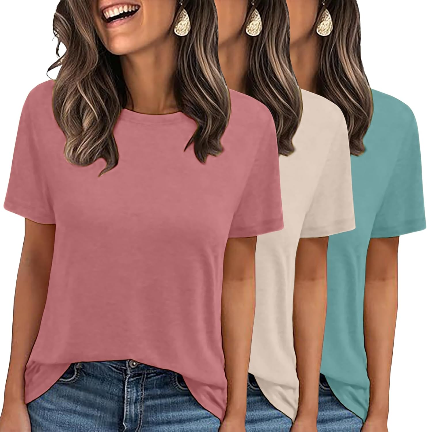 LOOKFACE 3 Pack Womens Basic T Shirts Summer Tops 2026 Short Sleeve Tees Comfy Casual Vacation Clothes