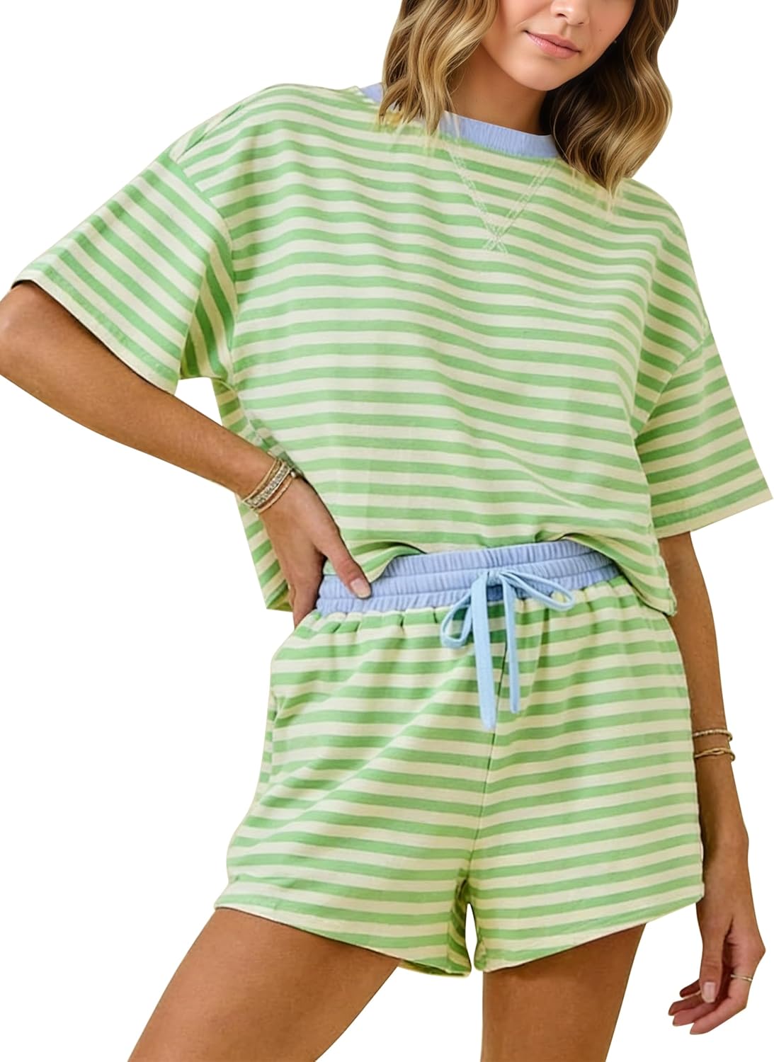 MISSACTIVER Womens Lounge 2 Piece Sets Summer Striped Matching Pajamas Set Short Sleeve Oversized T Shirts Drawstring Shorts