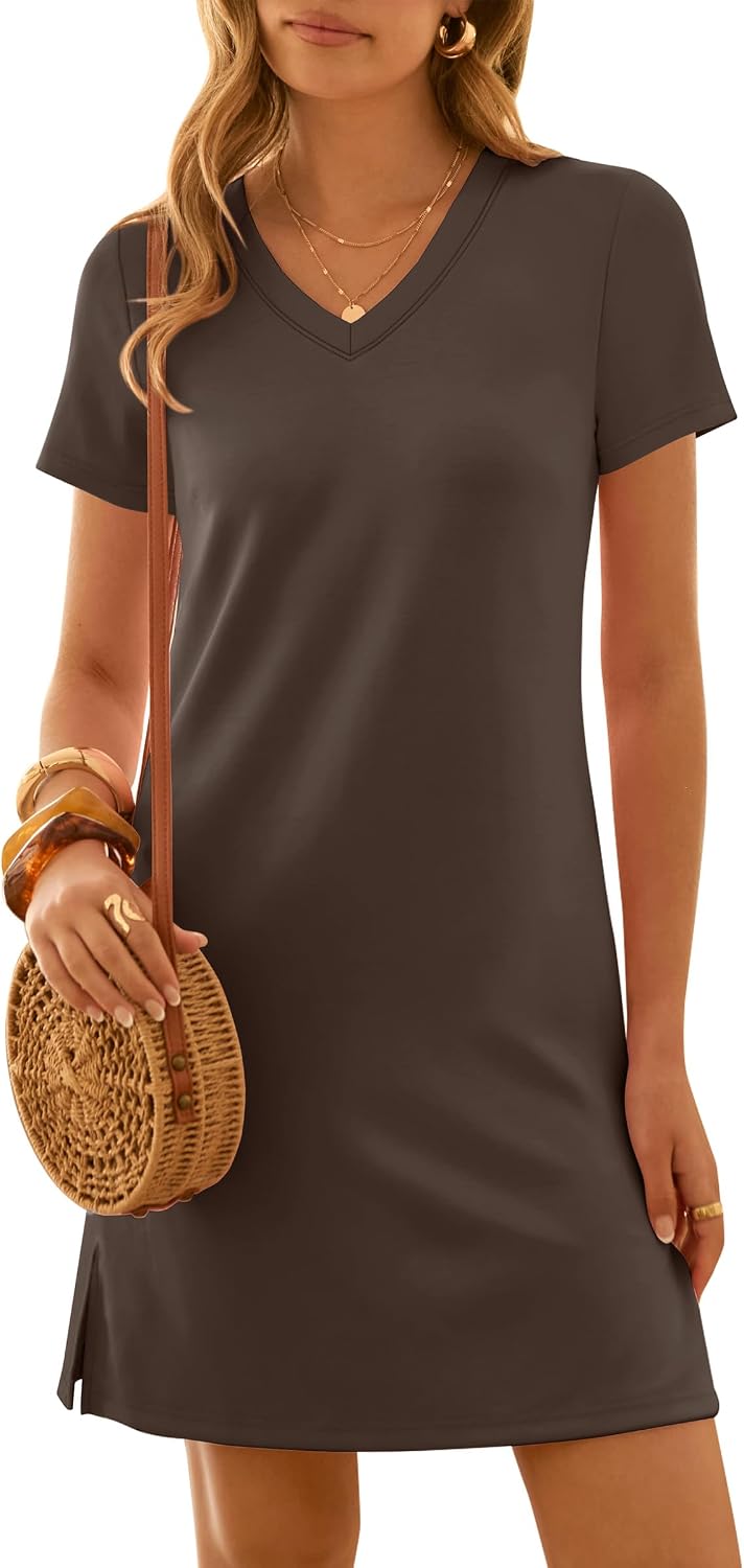 ANRABESS Summer Dress for Women 2026 Vacation Clothes Short Sleeve V Neck Casual Wrinkle-Free T Shirt Sundress Travel Holiday