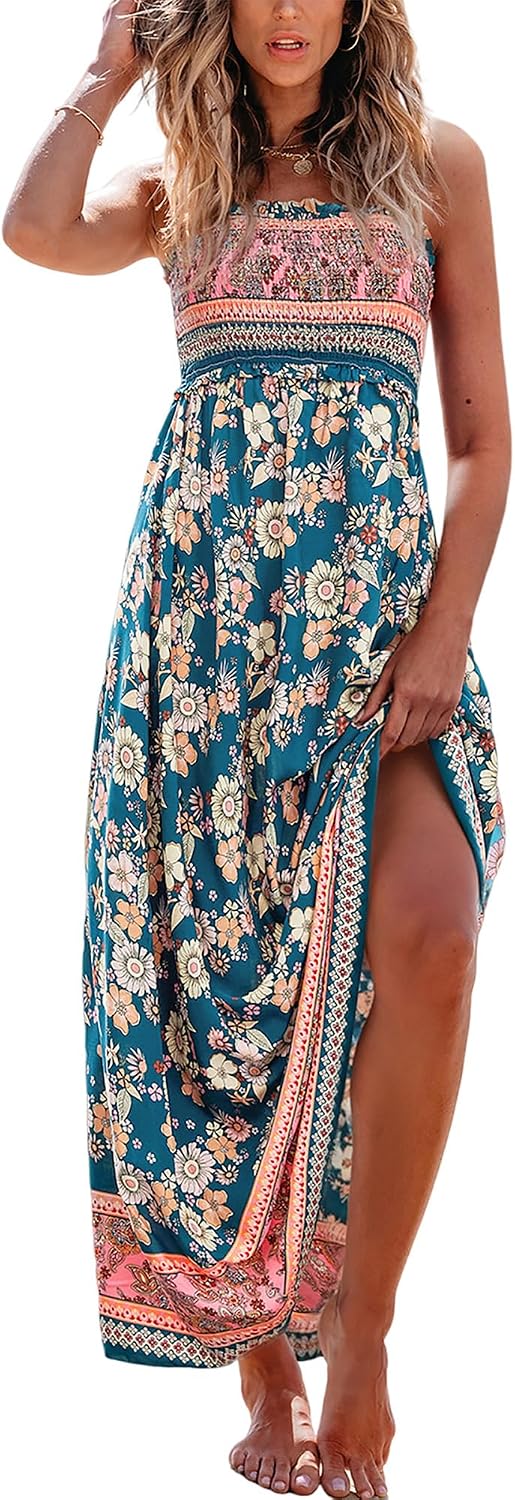 CUPSHE Women Spaghetti Straps Boho Maxi Dress Summer Sleeveless Smocked Floral Beach Long Dress Flowy Cruise Vacation Outfits