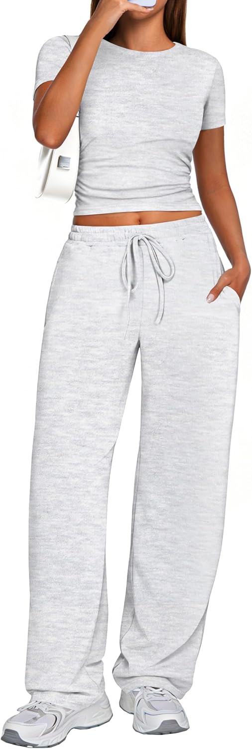 Kivdol 2 Piece Matching Summer Sweatsuit Lounge Set Womens Wide Leg Pants Side Ruching Crop Top Sets