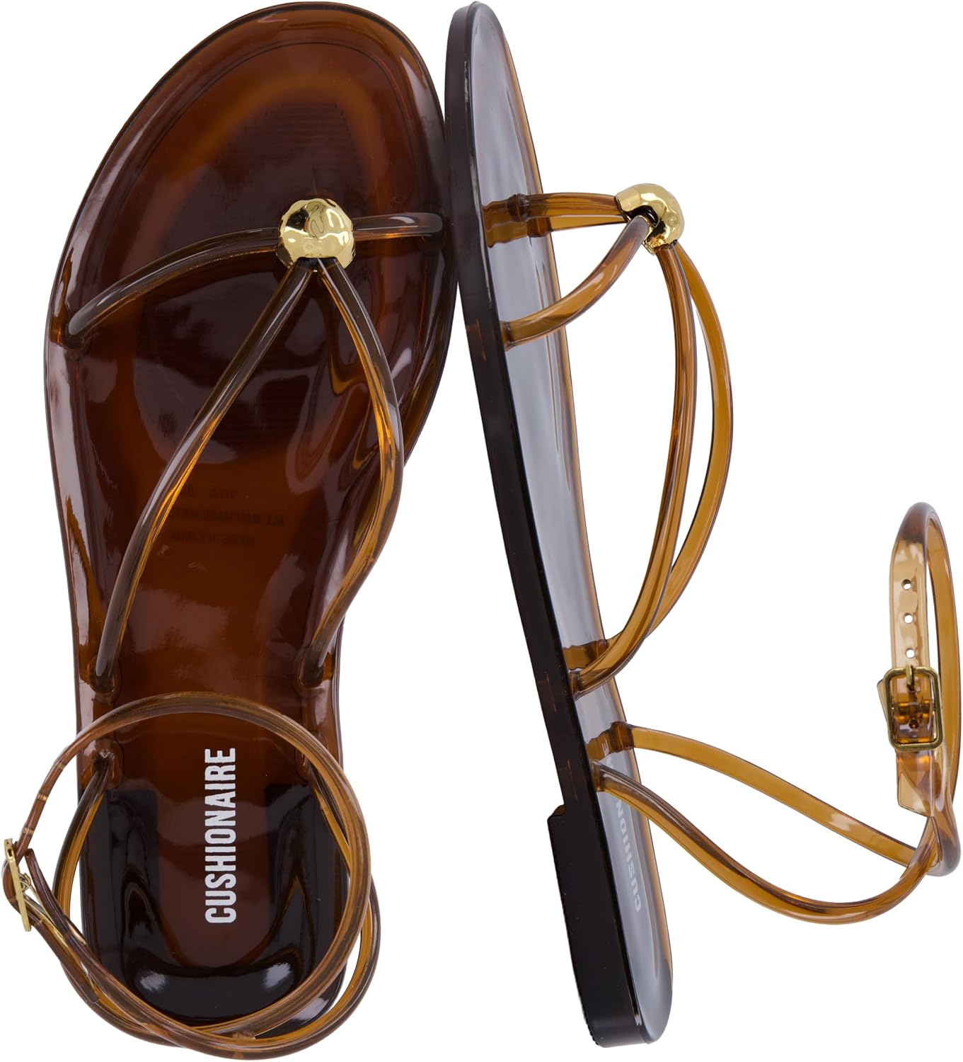 CUSHIONAIRE Vita Jelly Sandals for Women, Casual Lightweight Womens Strappy Sandals with Adjustable Buckle Strap and Gold Hardware Accent