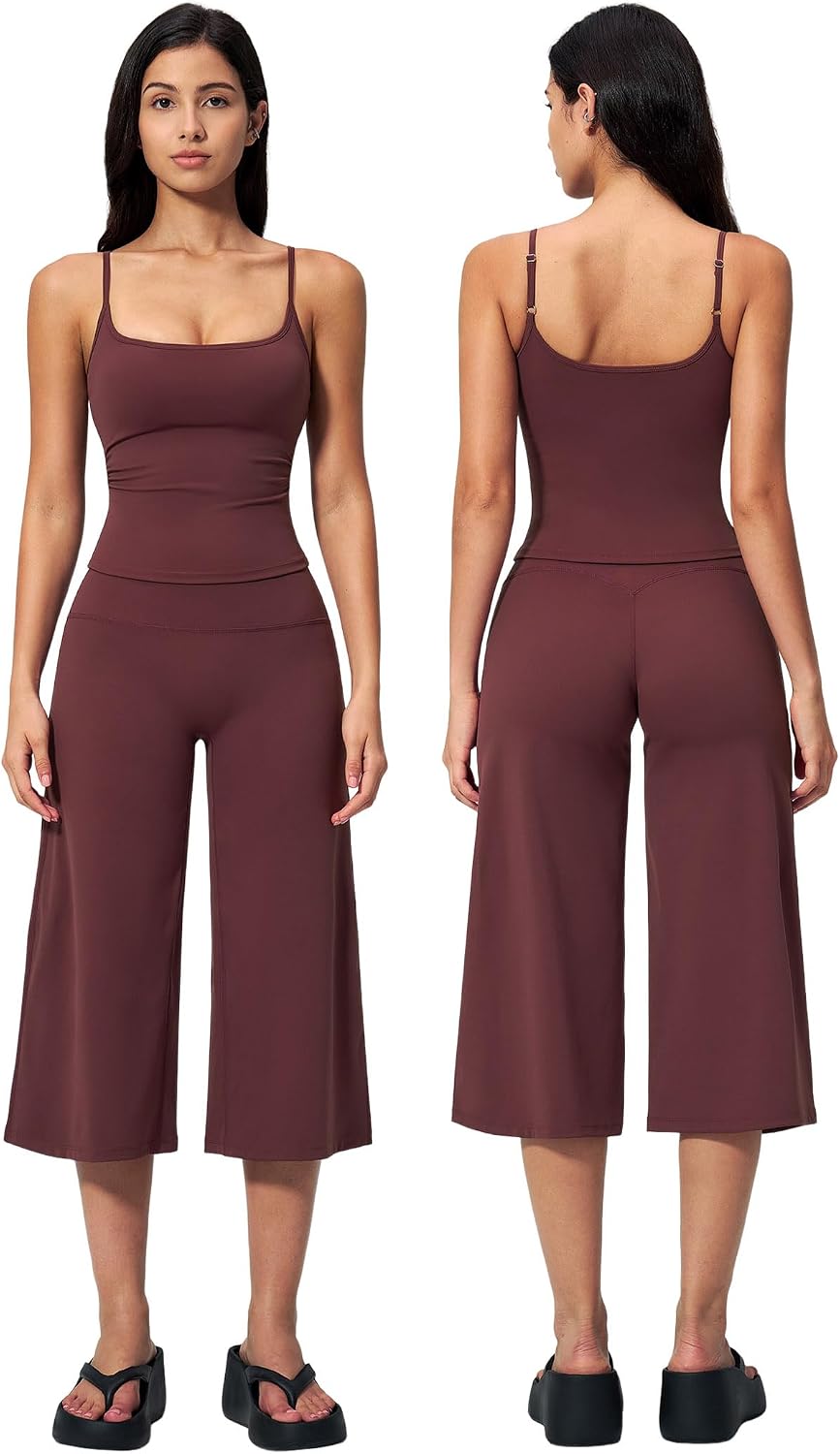 ABOCIW Workout Sets for Women Two Piece Halter Sports Bra Matching Wide Leg Capri Pants Gym Work Yoga Pilates Outfits