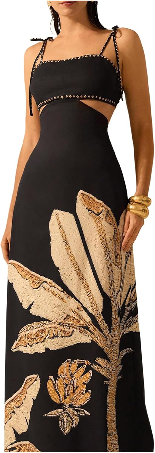 SOLY HUX Women’s Summer Maxi Dress Boho Print Tie Shoulder Spaghetti Strap Cut Out Tie Back Cami Dresses Sundress