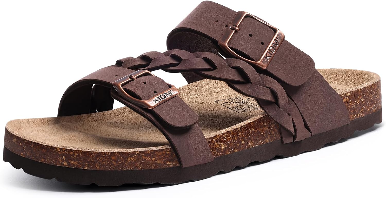 KIDMI Women’s Cork Footbed Sandals with Arch Support Comfortable Slip-On Slide Sandals With Adjustable Buckle for Summer