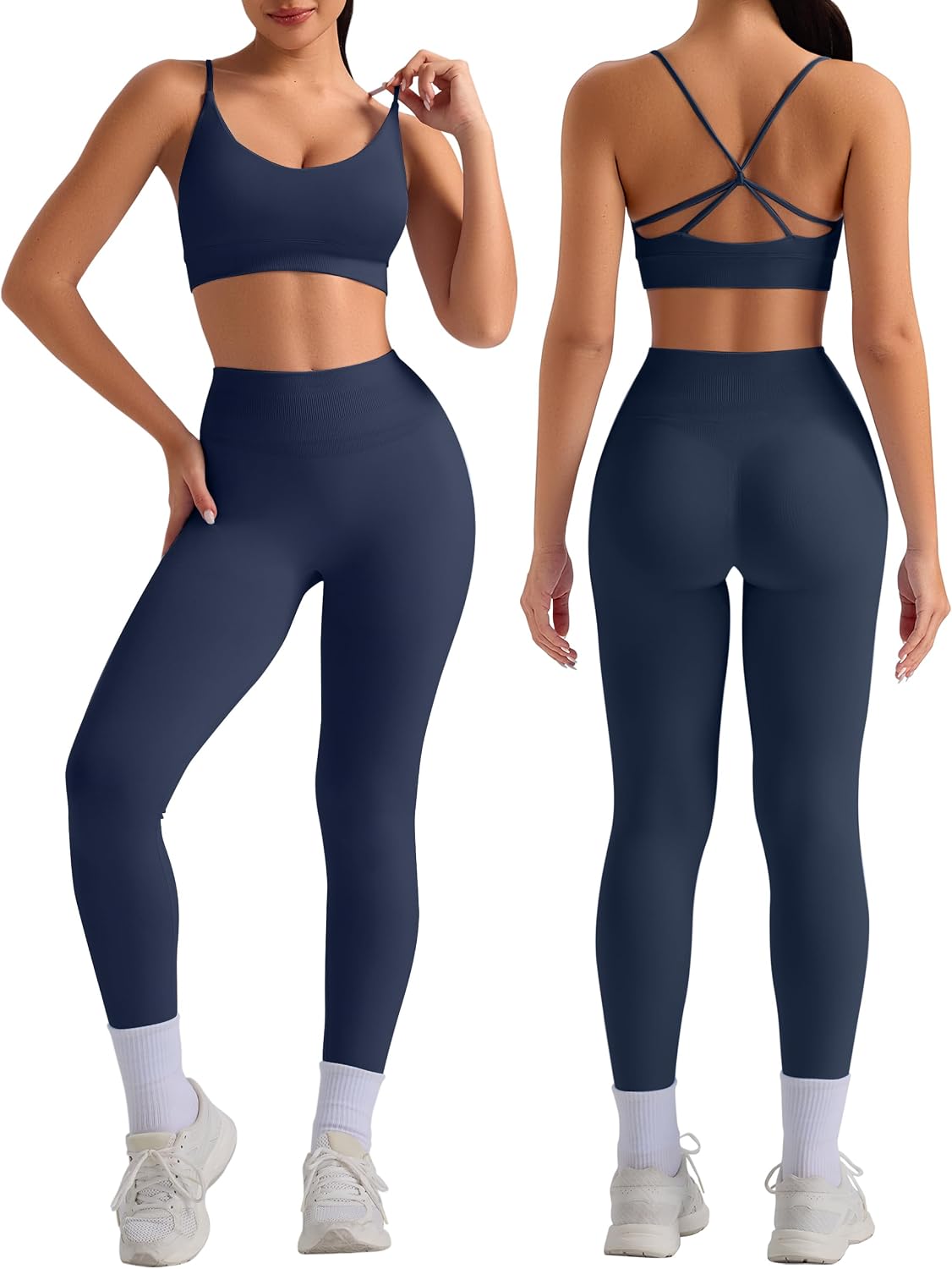 OLCHEE Womens Workout Sets 2 Piece Seamless Strappy Sports Bra Crisscross Back Scrunch Butt Leggings Padded Gym Yoga Outfits
