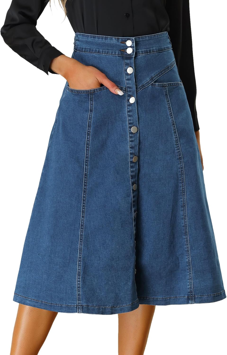 Allegra K Womens’ Denim Skirt High Waist Button Front A-Line Casual Summer Midi Jean Skirts with Pockets