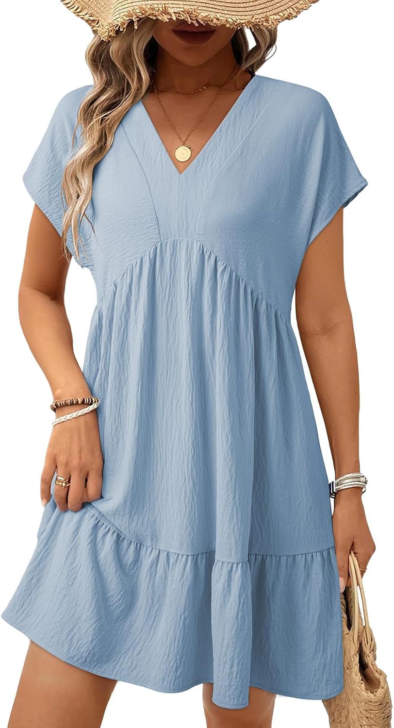 Acelitt Women’s Summer Dresses 2026 Beach Casual Deep V Neck Loose Sundress Short Sleeve Mini Dress with Pockets(Size Down)
