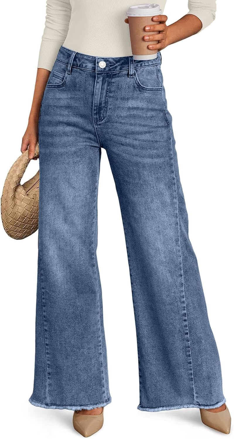 Trendy Queen Women’s Wide Leg Jeans, Relaxed Loose Straight Leg with Raw Hem, Comfort Denim Pants