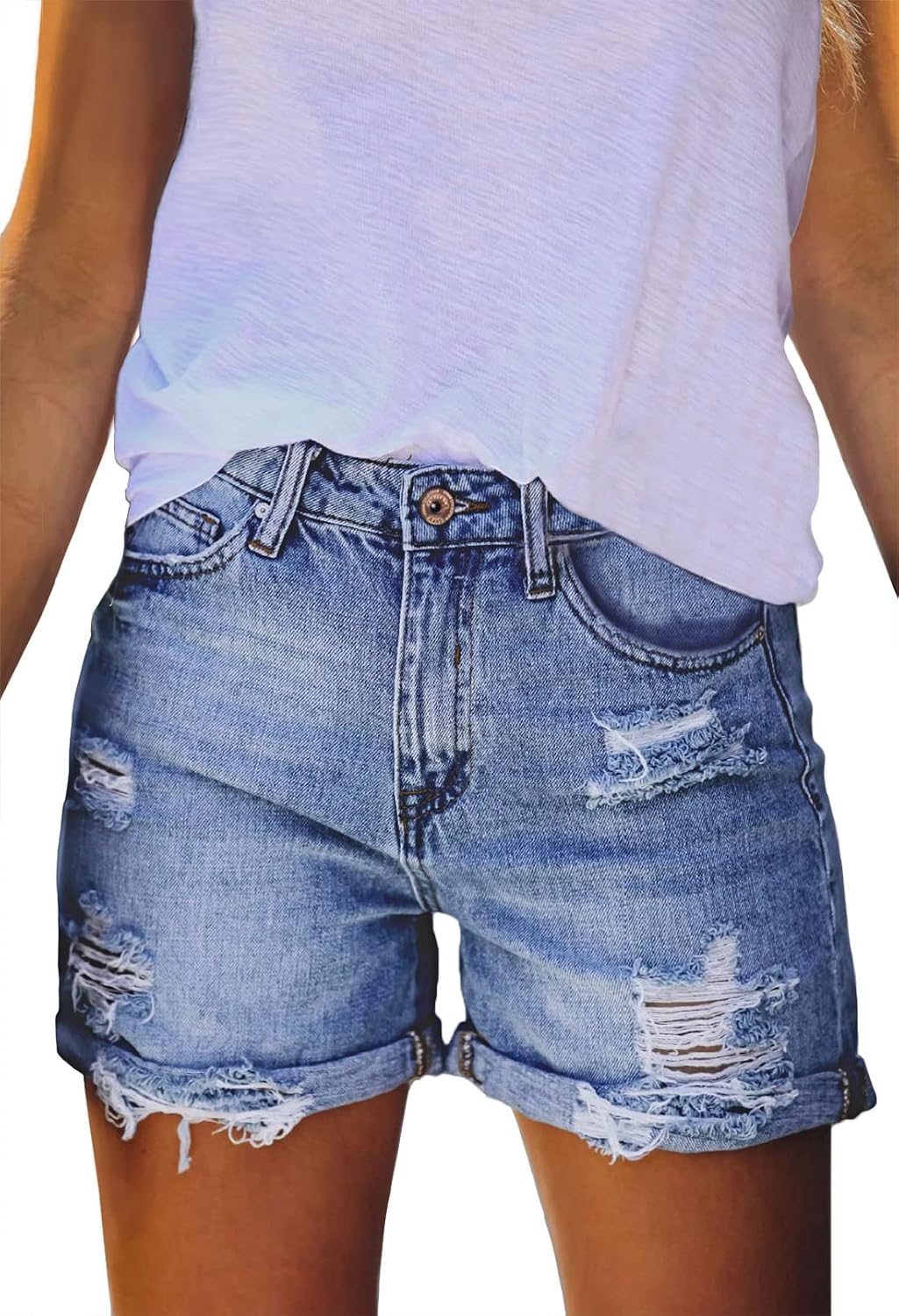 Pink Queen Women’s High Waisted Denim Shorts Casual Ripped Summer Hot Short Jeans Frayed Distressed Jeans Shorts with Pockets