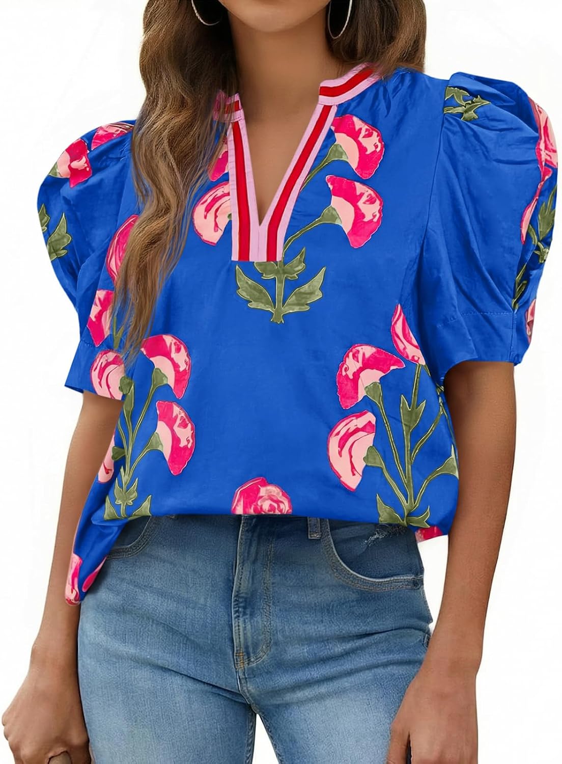 Cicy Bell Womens Puff Sleeve Floral Tops Summer Casual Dressy Blouses V Neck Print Boutique Shirts