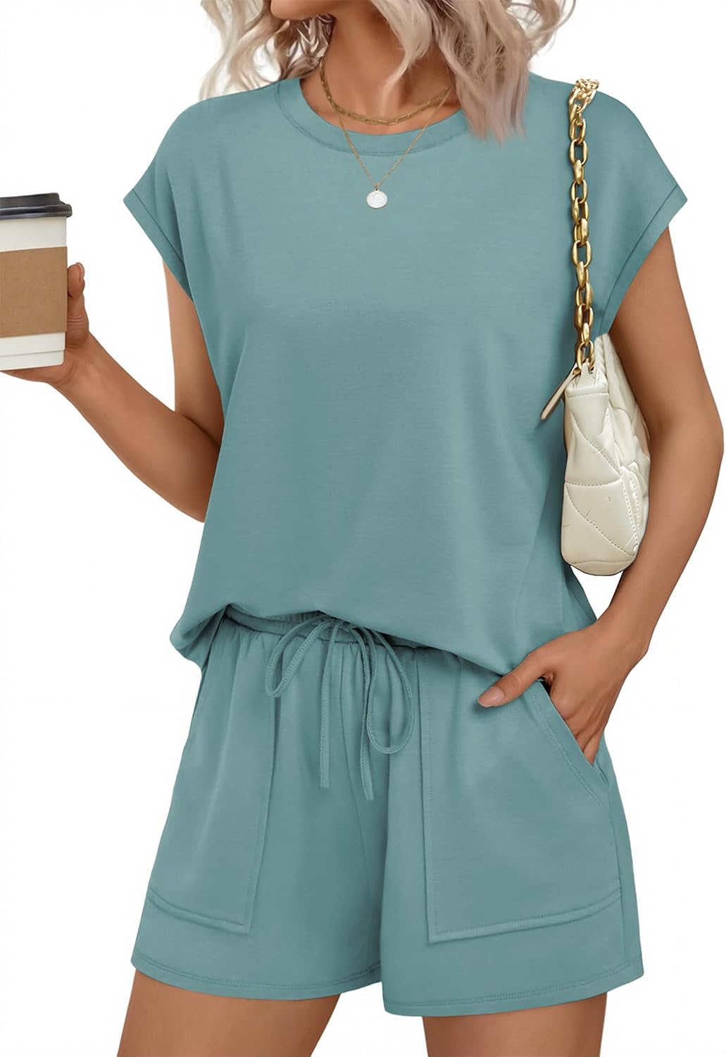 Ekouaer Two Piece Sets for Women Summer Crew Neck Lounge Short Sets Cap Sleeve Drawstring Vacation Outfits with Pocket