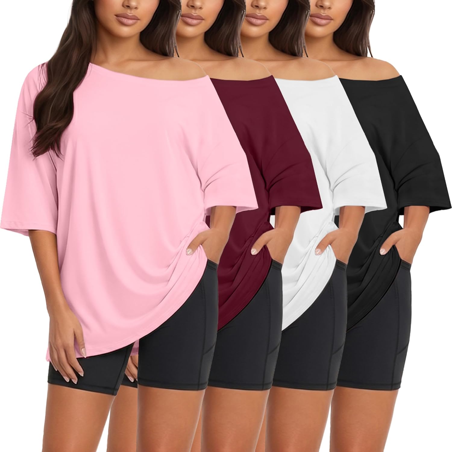 Siimcuzy 4 Pack Womens Off The Shoulder Oversized T Shirts Tops Short Sleeve Tees 2026 Casual Summer Spring Fashion Clothes