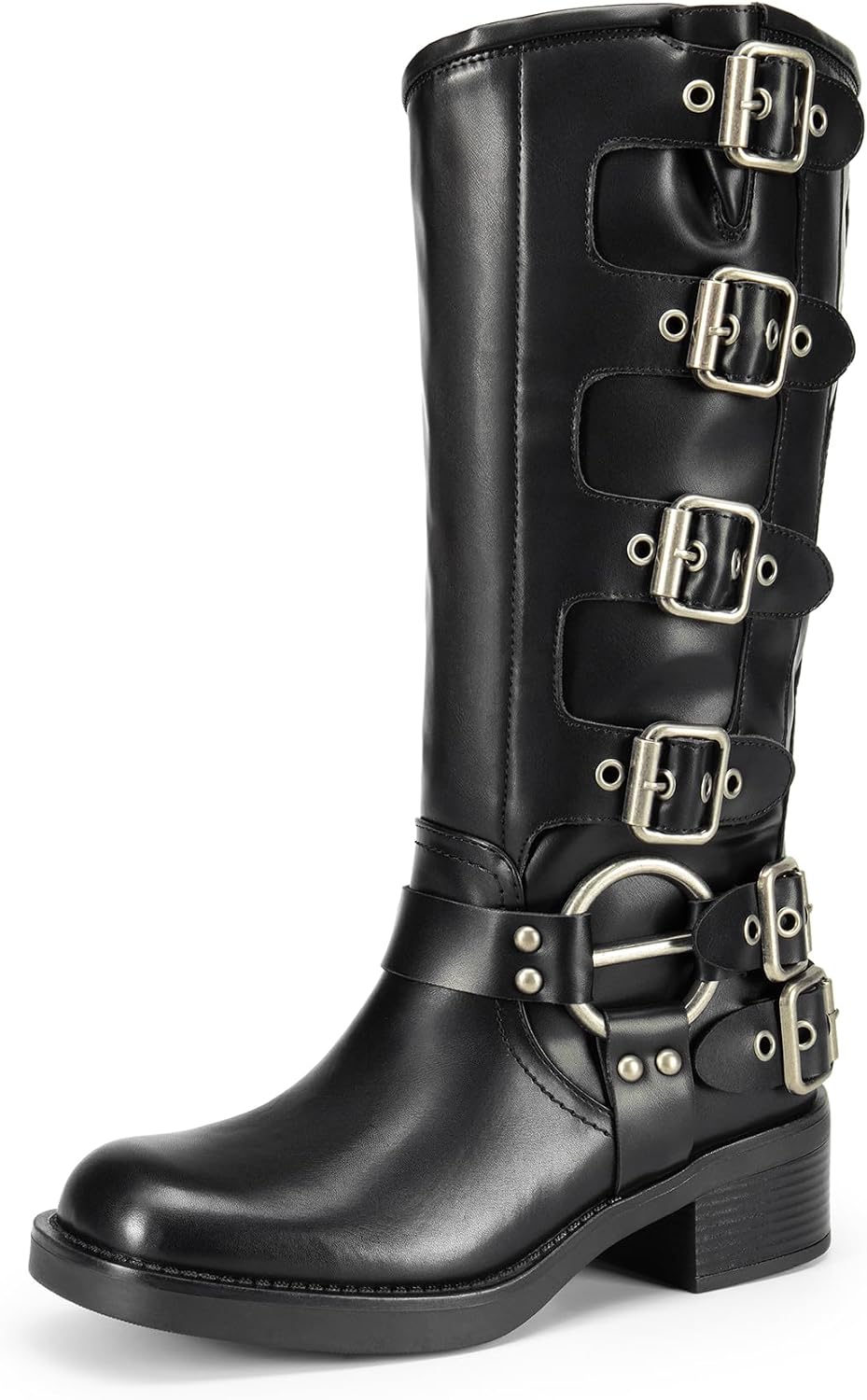 DREAM PAIRS Women’s Knee High Riding Boots Side Zipper Motorcycle Boots Square Toe Chunky Heel Fashion Buckles Biker Boots