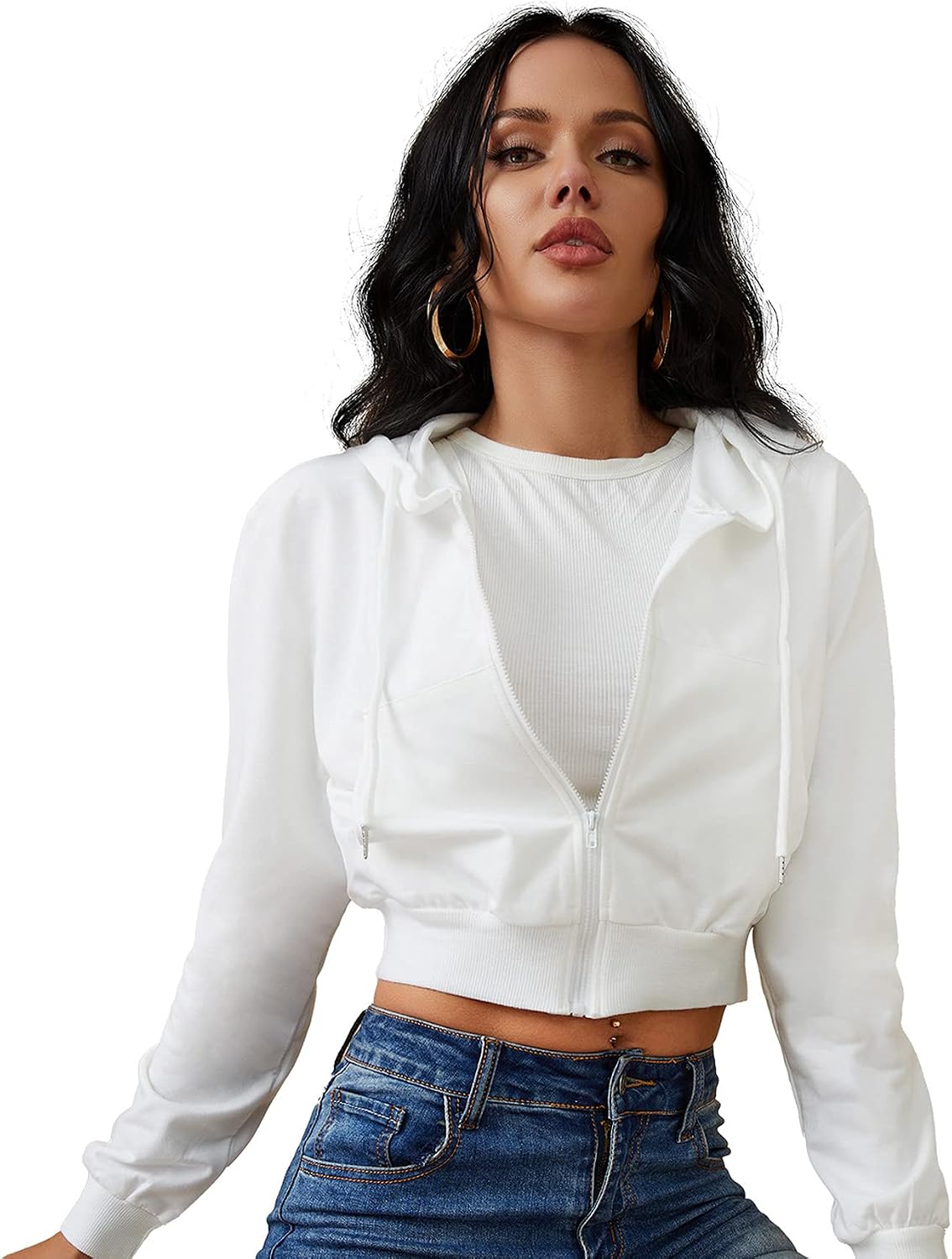 Women’s Zip Up Hoodies Cropped Cardigan Jacket Drawstring Hooded Sweatshirts Casual Long Sleeve Top…