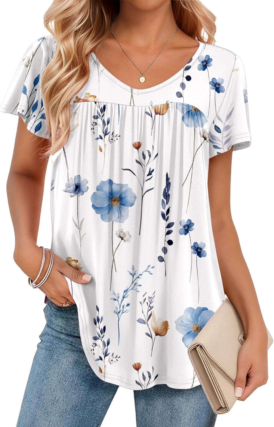 Zeagoo Women Tops Summer Ruffle Short Sleeve Shirts V Neck T Shirts Pleated Tunic Tops Work Blouses Business Outfits