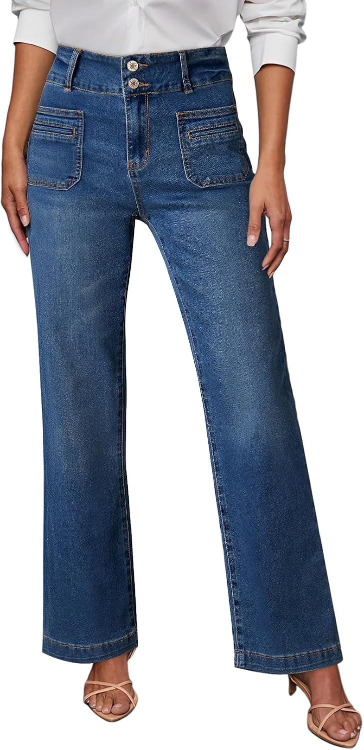 Sidefeel Women’s Wide Leg Jeans High Waisted Tummy Control Stretchy Pockets Front Straight Leg Jeans