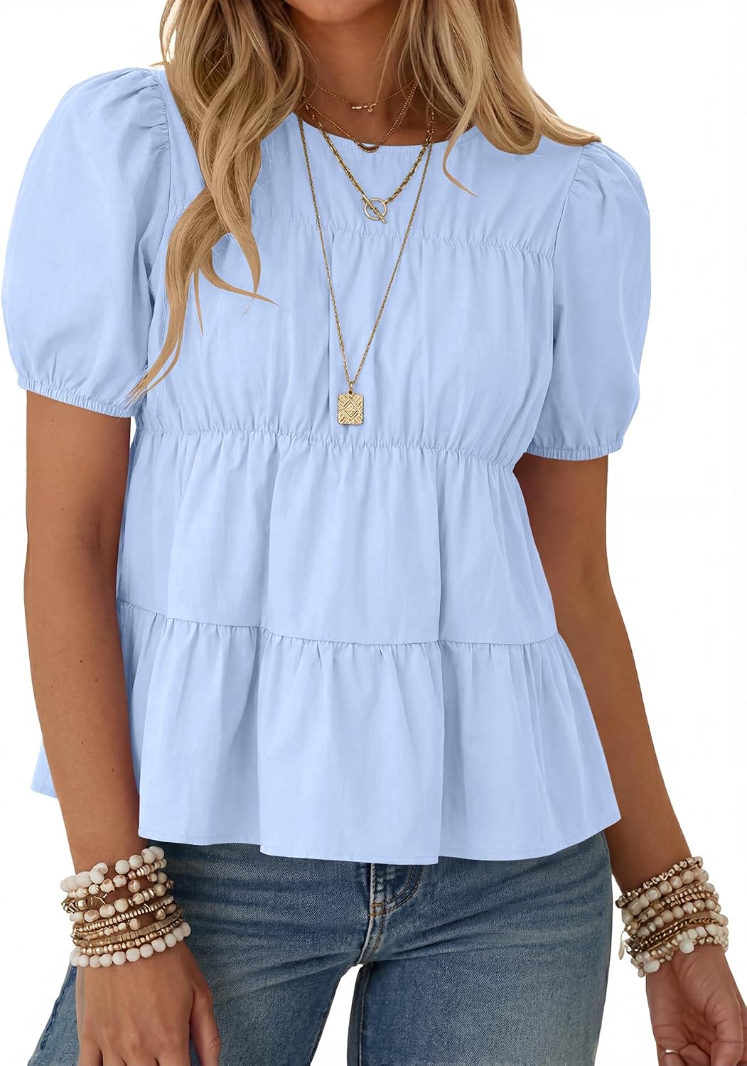 Rapbin Womens Puff Short Sleeve Babydoll Tops Summer Peplum Pleated Cotton T Shirts Casual Loose Fit Flowy Blouses