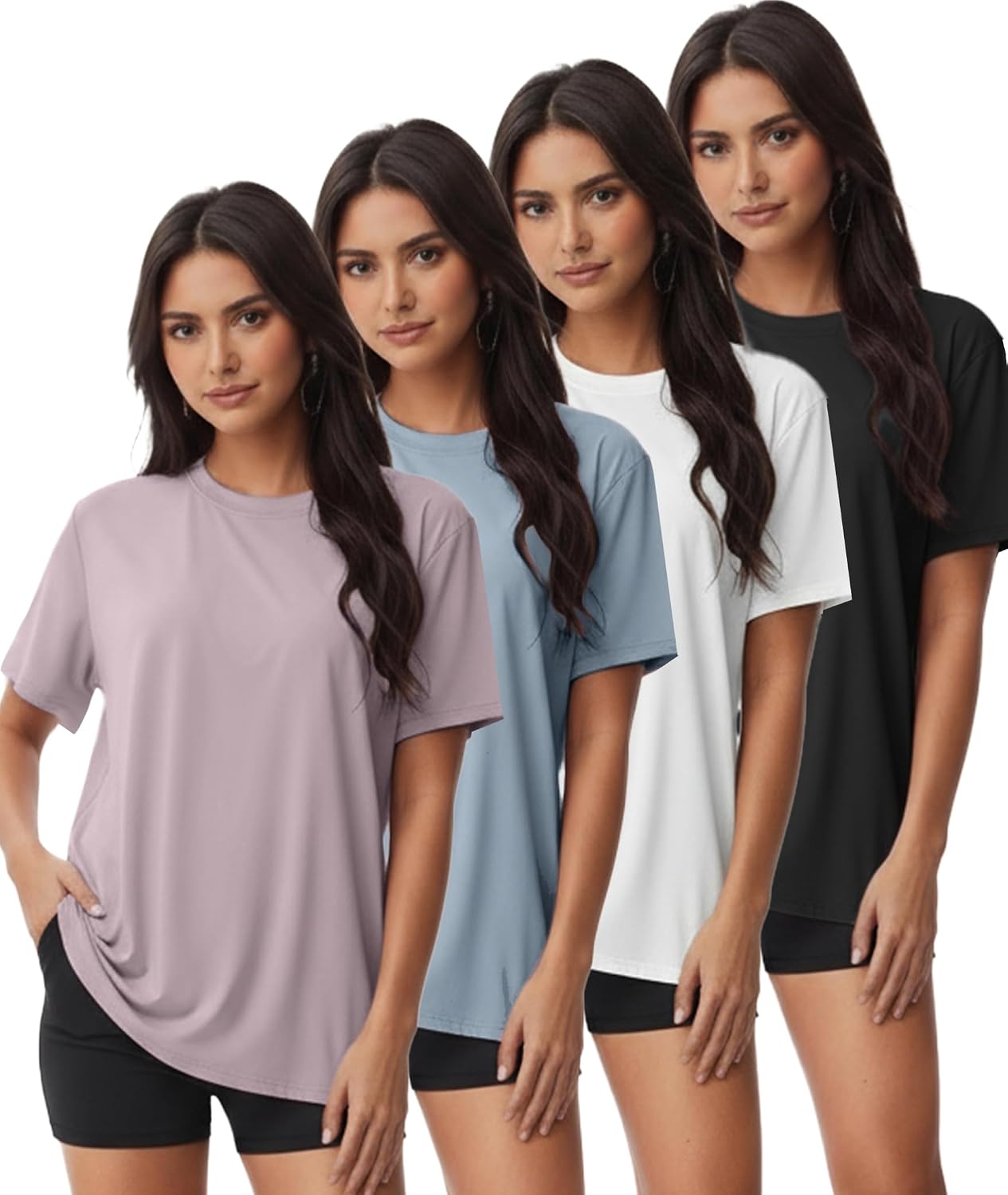 Kinglaman 4 Pack Women Basic T Shirts Tees, Workout Gym Loose Fit Crew Neck Short Sleeve Tshirts Casual Tops