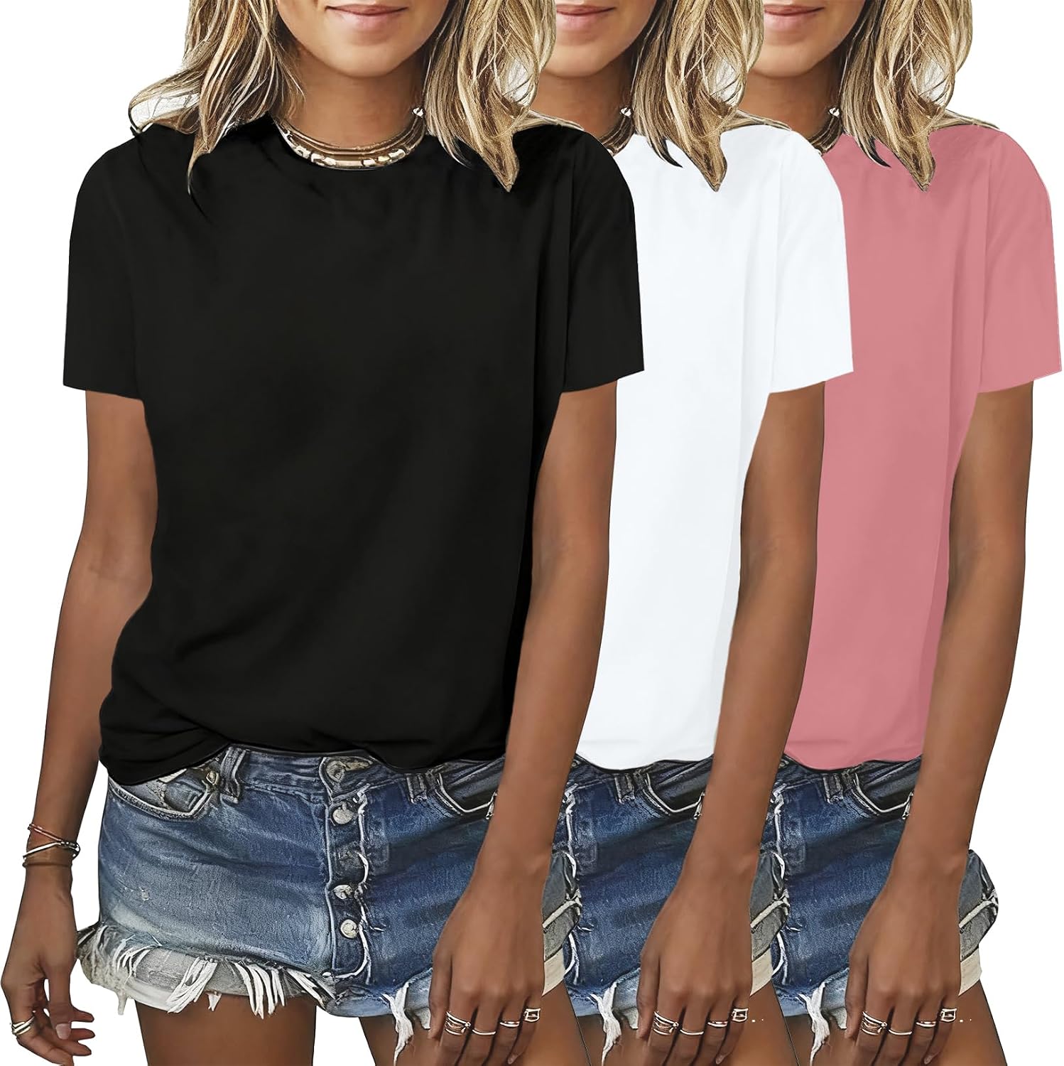 BLACKOO Women’s Basic Crewneck Tee 3 Pack Solid Color T Shirts Short Sleeve Summer Tops