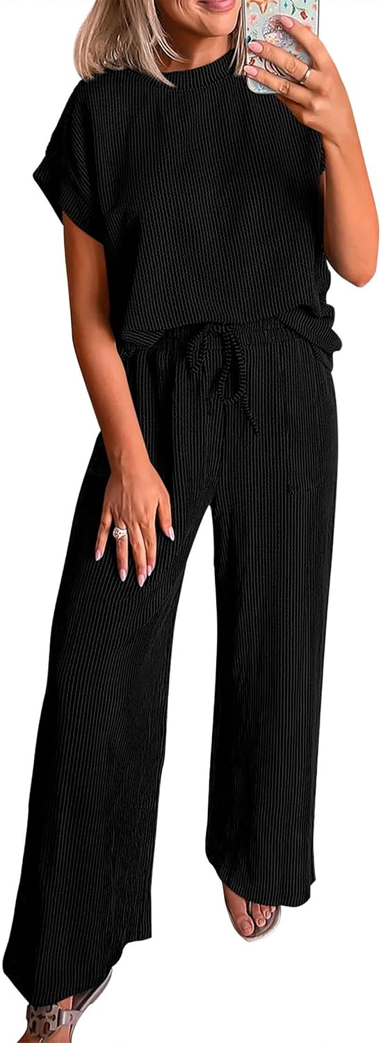 KIRUNDO 2 Piece Sets for Women Dressy Casual Ribbed Knit Short Sleeve Tops Wide Leg Pants Lounge Set Travel Airport Outfits