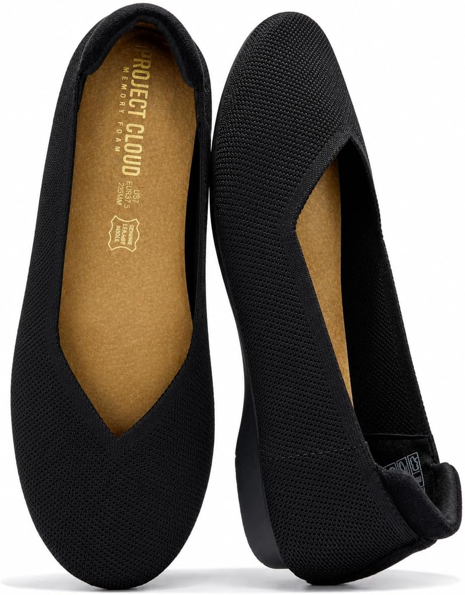 Project Cloud Womens Flats – Memory Foam Insole Ballet Flats for Women Footwear – Non Slip and Lightweight Comfortable Shoes for Women 2026 (Prospect-BLKKN,9M) Black Knit