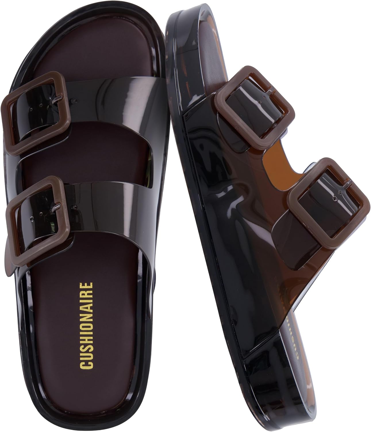 CUSHIONAIRE Pool Slides for Women Water Resistant Double Buckle Adjustable Slip-On Womens Sandals for Beach Shower Casual Wear