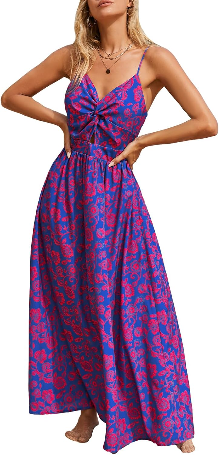 CUPSHE Women’s Maxi Dress Floral Print Twisted V Neck Sleeveless Long Dress Summer Casual Dress