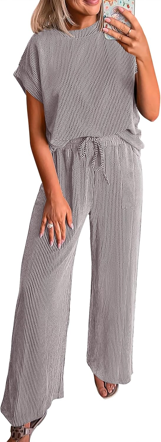 KIRUNDO 2 Piece Sets for Women Dressy Casual Ribbed Knit Short Sleeve Tops Wide Leg Pants Lounge Set Travel Airport Outfits