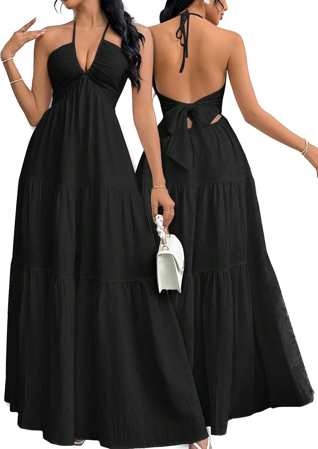 Narecte Women’s Maxi Summer Dresses Halter V Neck Beach Dresses for Women A-Line Casual Dress for Vacation