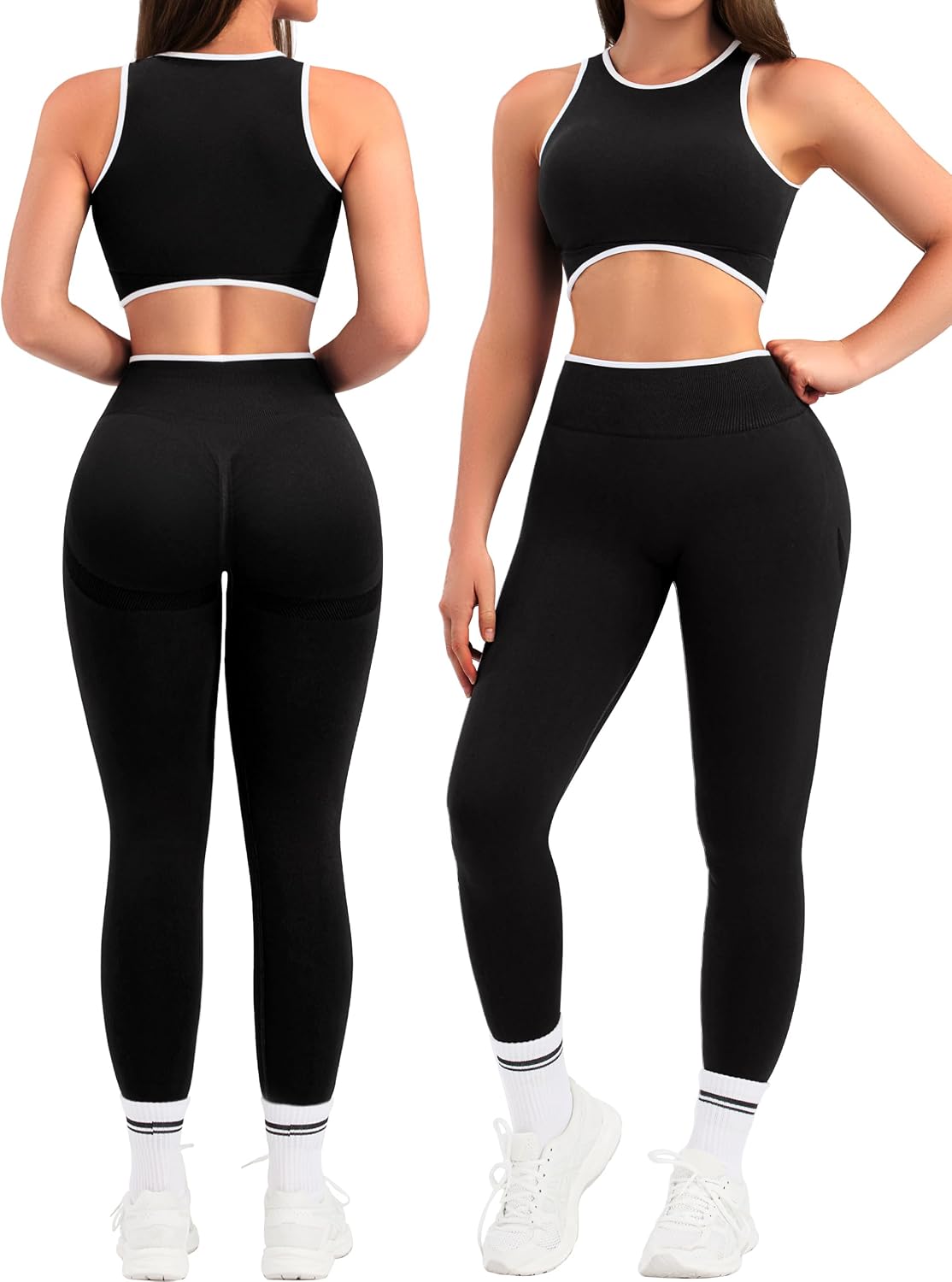 Relety Womens Workout Sets 2 Piece Seamless Crop Tank Top High Waist Leggings Contrast Trim Padded Racerback Bra Yoga Outfits