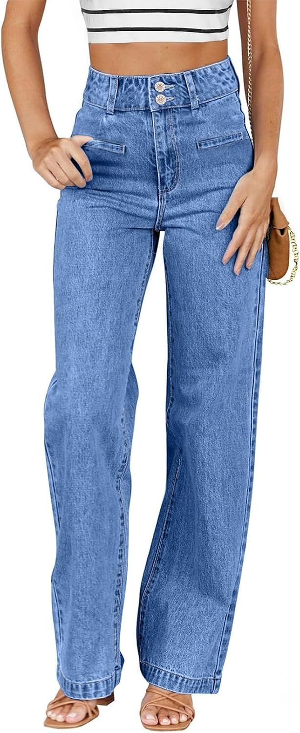 Sidefeel Women’s Jeans High Waisted Straight Leg Stretchy Jeans Trendy Loose Wide Leg Zimbaplatinum Denim Pants with Pockets