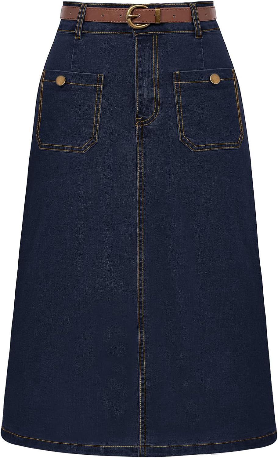 Belle Poque Denim Skirt with Belt Below Knee Length High Waisted Jean Skirts for Women
