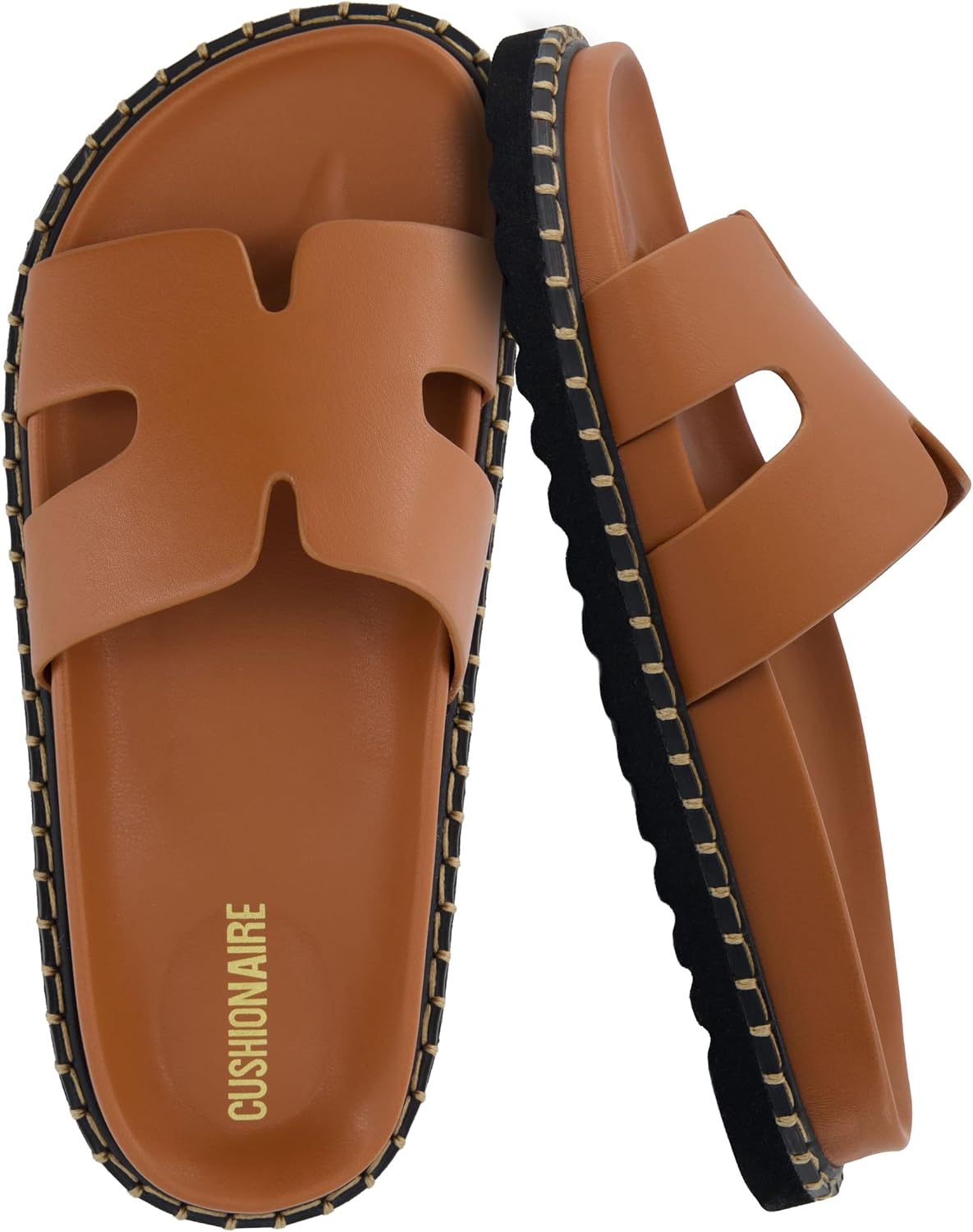 CUSHIONAIRE Crisp Women’s Slide Sandal – Faux Leather Cutout Slip-On with Artisan Stitching & Memory Foam, Wide Widths Available