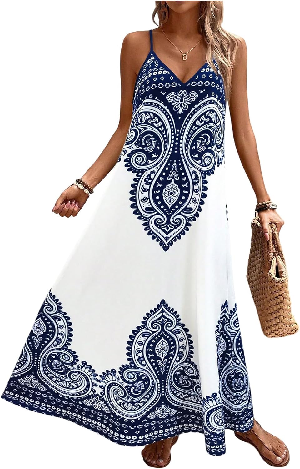 GORGLITTER Women’s Summer Boho Sundress Paisley Print V Neck Beach Vacation A Line Cami Dress Resort Wear