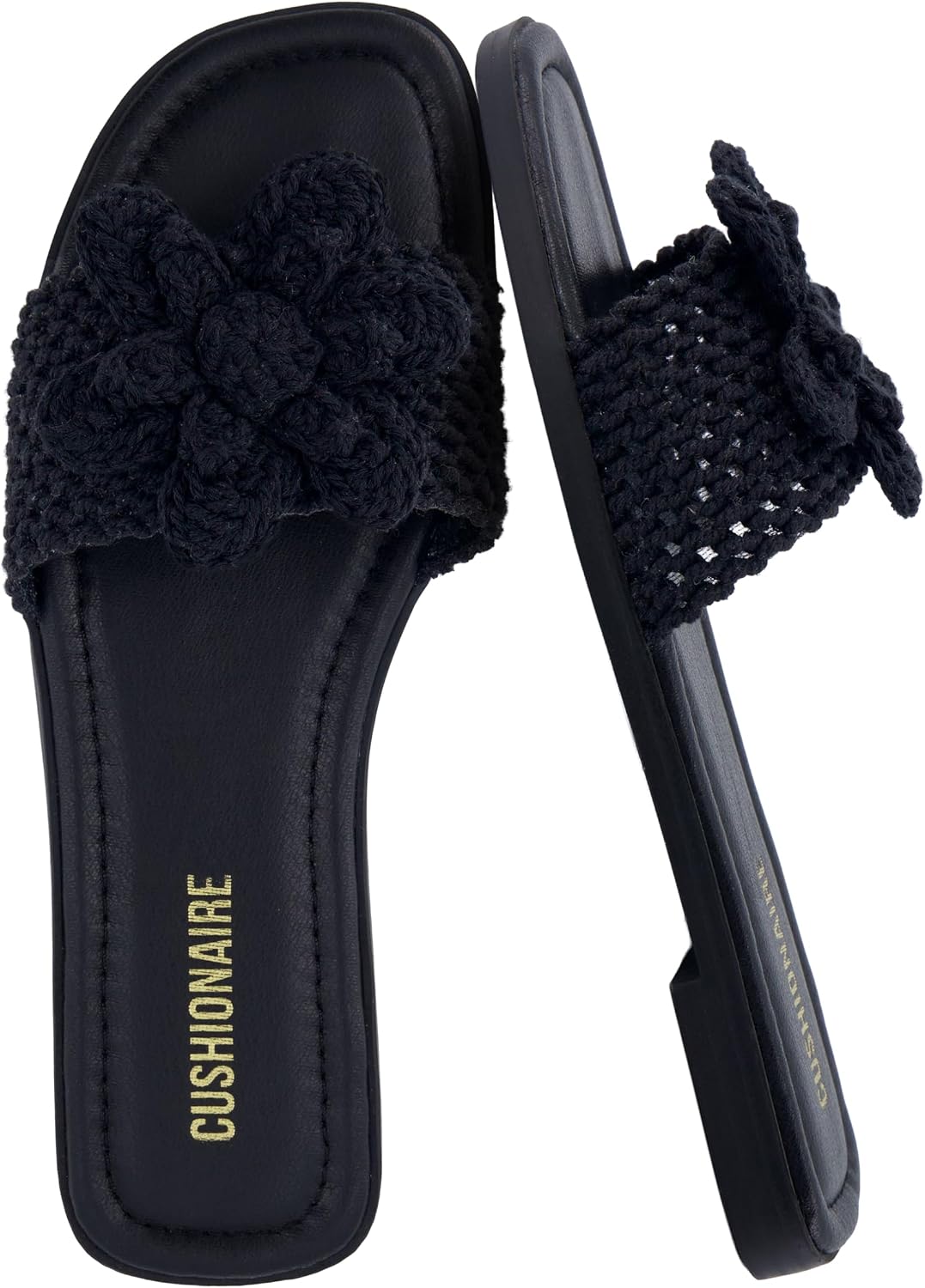CUSHIONAIRE Gemma Knit Flat Slides for Women, Square Toe Sandals with Woven Flower Detail and Memory Foam
