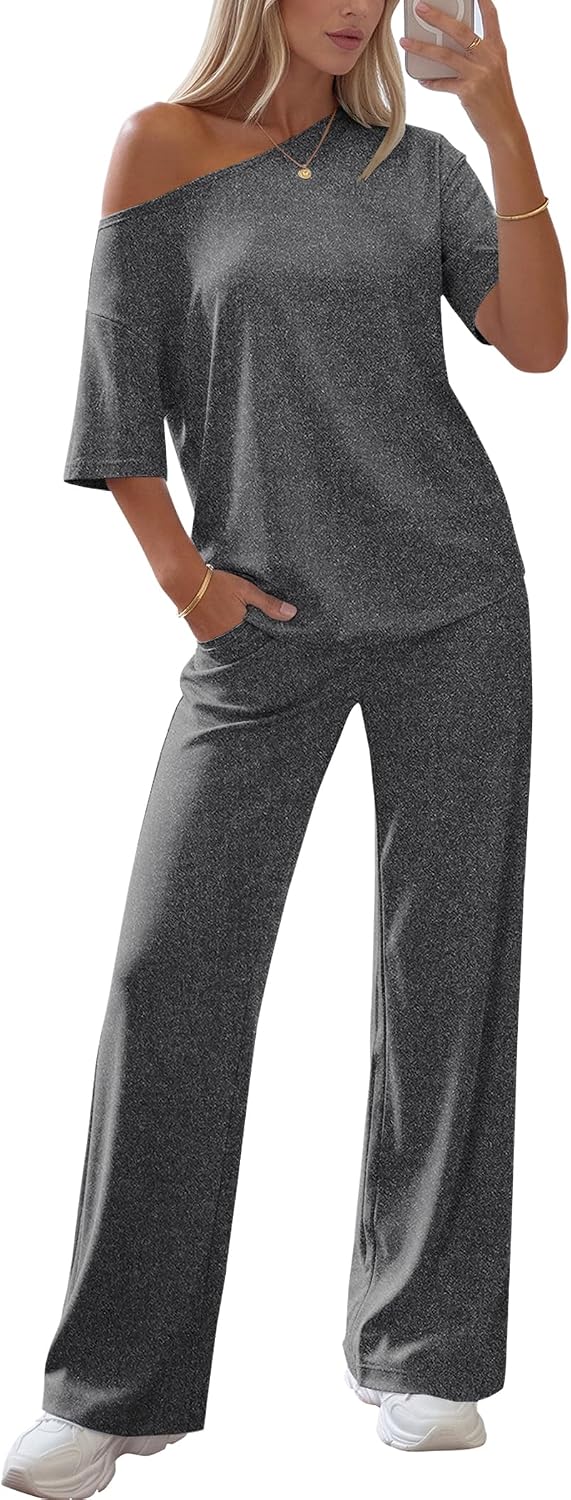 Ekouaer Lounge Sets for Women Off Shoulder(Right) Short Sleeve Tops and Long Pants 2 Piece Set Summer Soft Matching Outfit