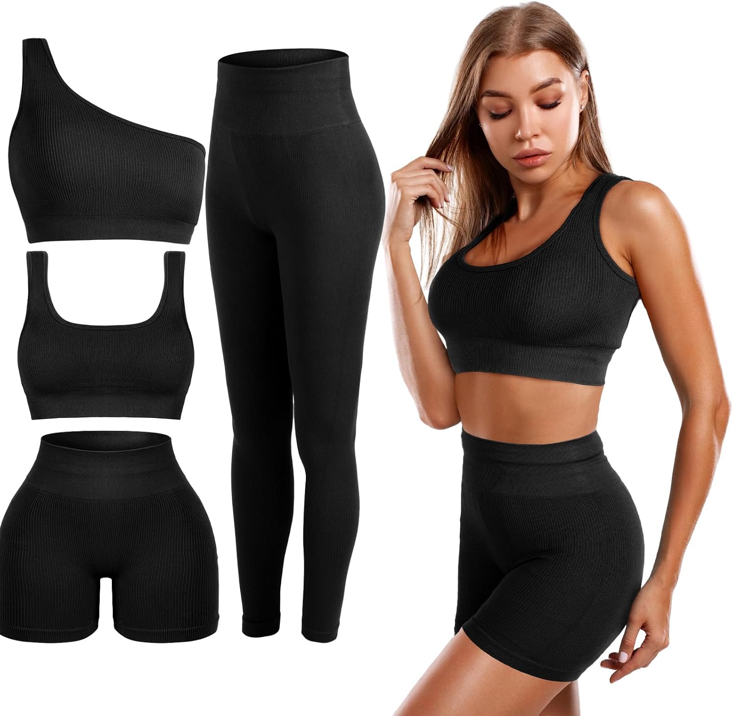 4 Pcs Women’s Workout Sets Pilates Exercise Outfit Ribbed Scoop Neck Sports Bra Shorts Leggings Gym Clothes Set