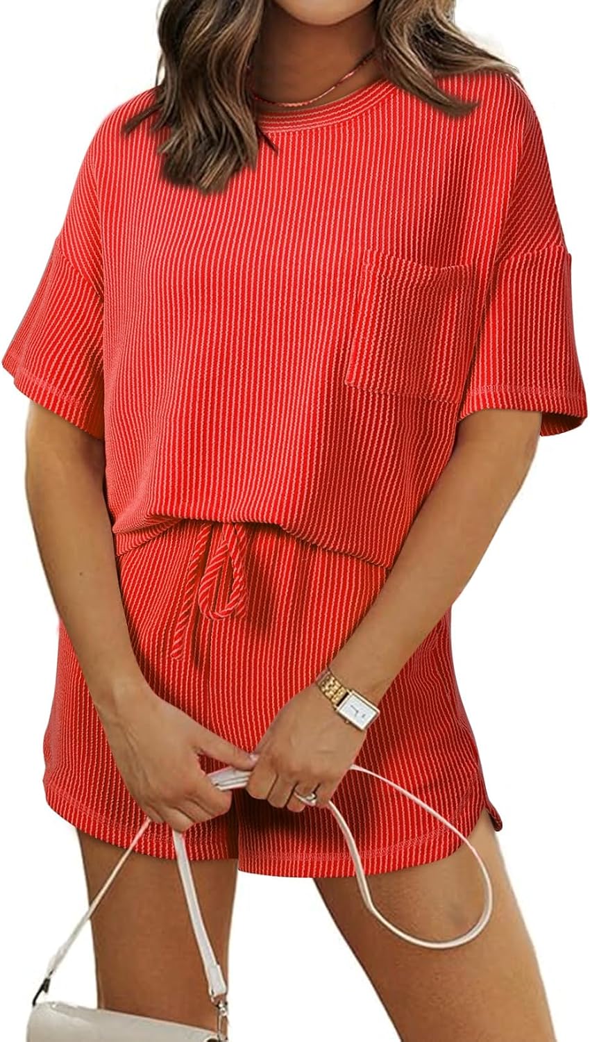 SHEWIN 2 Piece Sets for Women Summer Short Sleeve Shirts High Waisted Shorts with Pockets Lounge Matching Set
