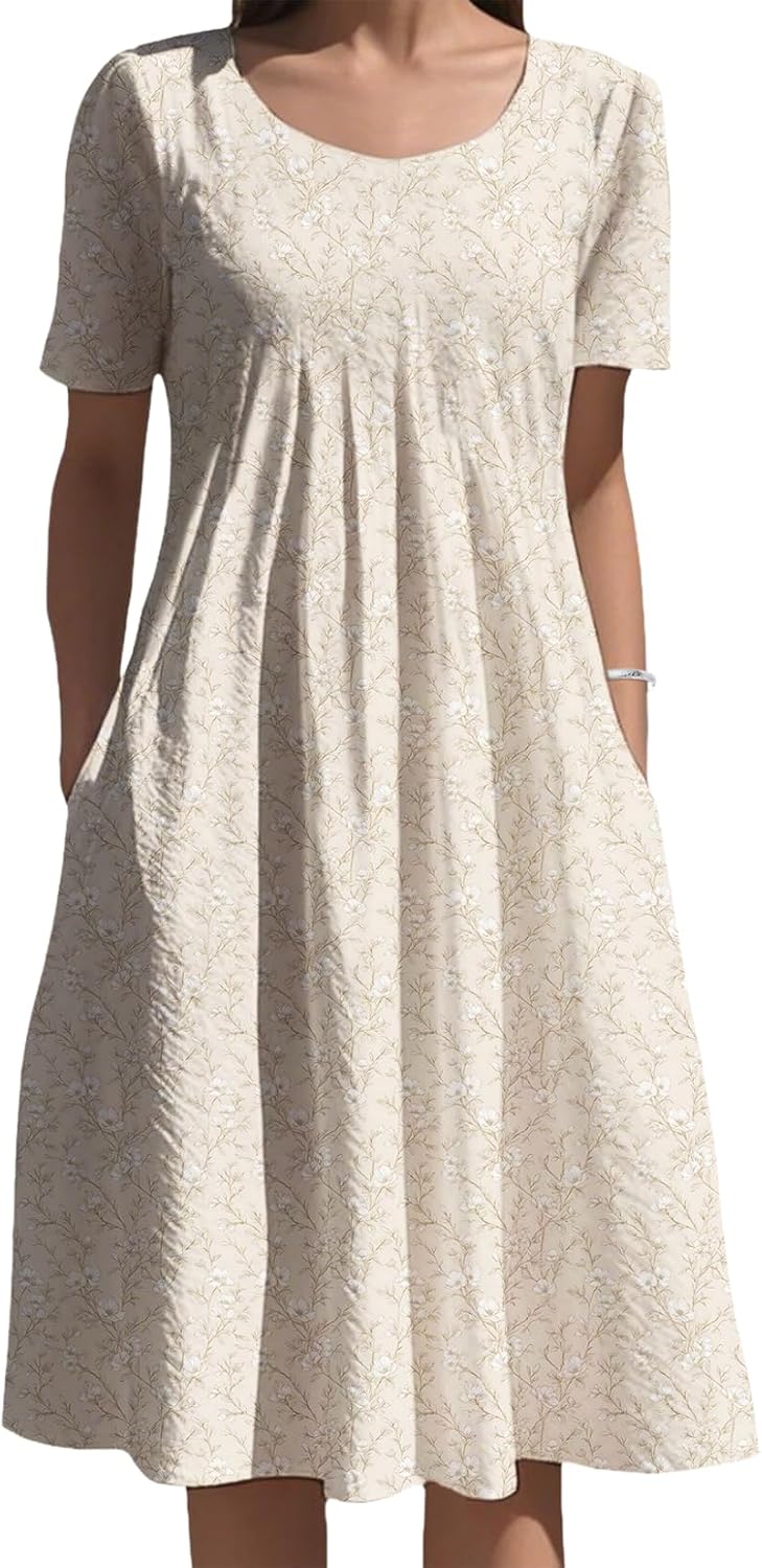 LIZALIG Women’s Flowy Beach Dress Short Sleeve Round Neck Summer Boho Maxi Dresses with Pockets for Vacations Resorts