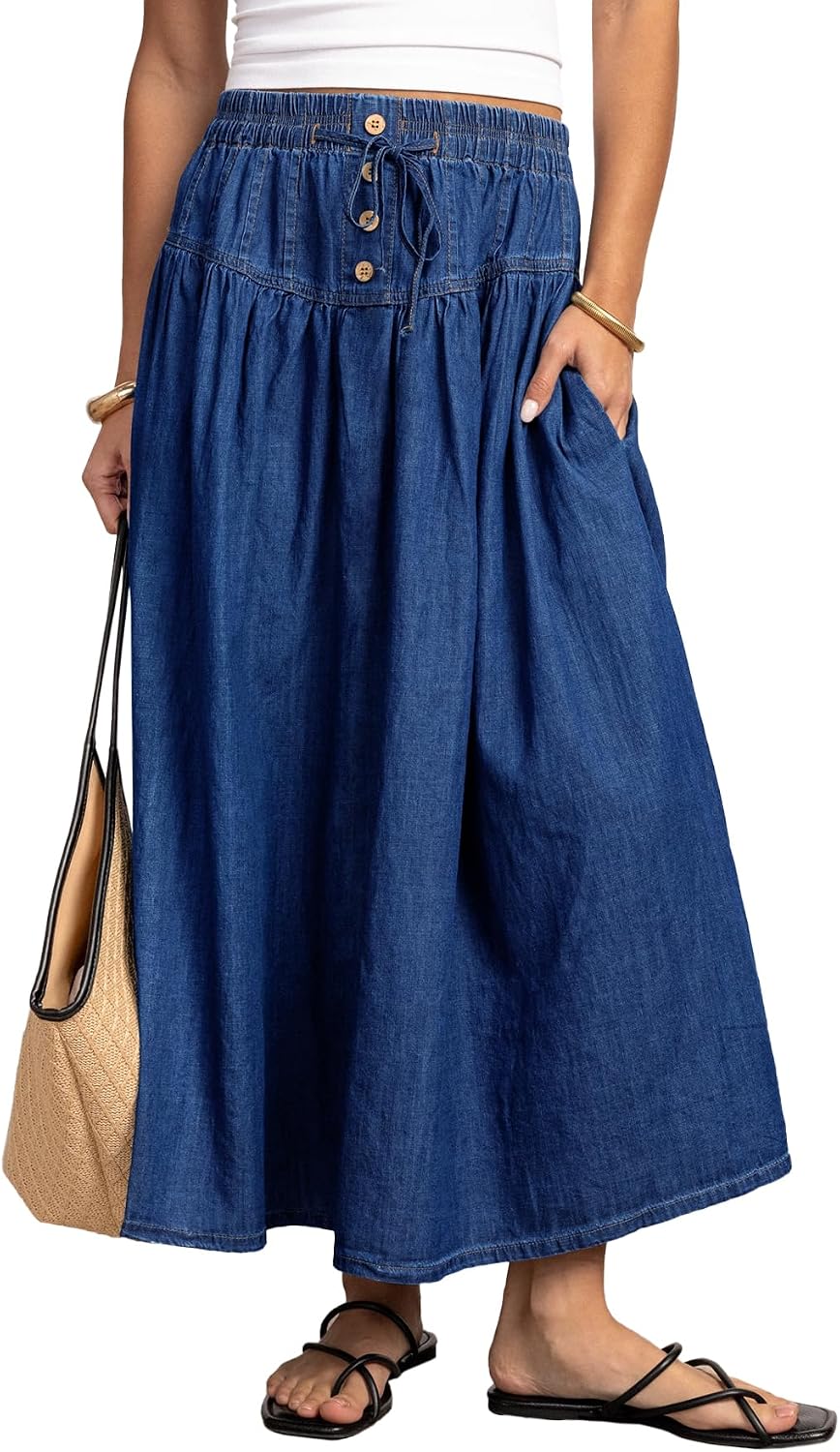 Flowyair Womens Drawstring High Waisted Denim Midi Skirts Casual A-Line Button Front Pleated Jean Long Skirts with Pockets