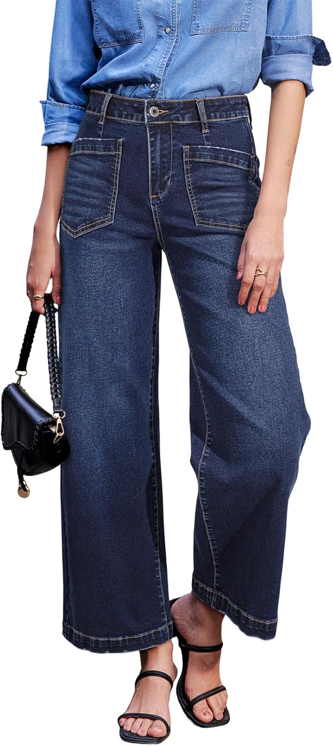Sidefeel Women’s Wide Leg Jeans High Waisted Stretchy Jeans Straight Leg Loose Fit Zimbaplatinum Ankle Denim Pants