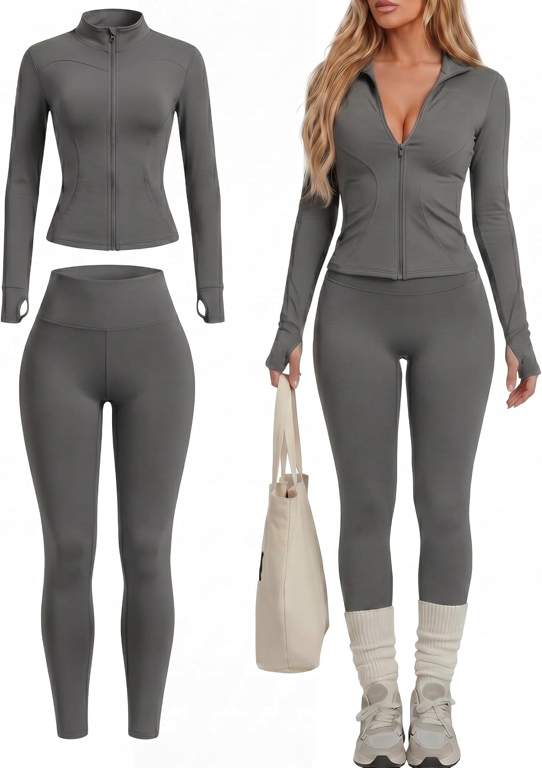 Women Workout Sets 2 Piece Seamless Yoga Outfits Long Sleeve Zip up Jacket High Waist Leggings Athletic Gym Set