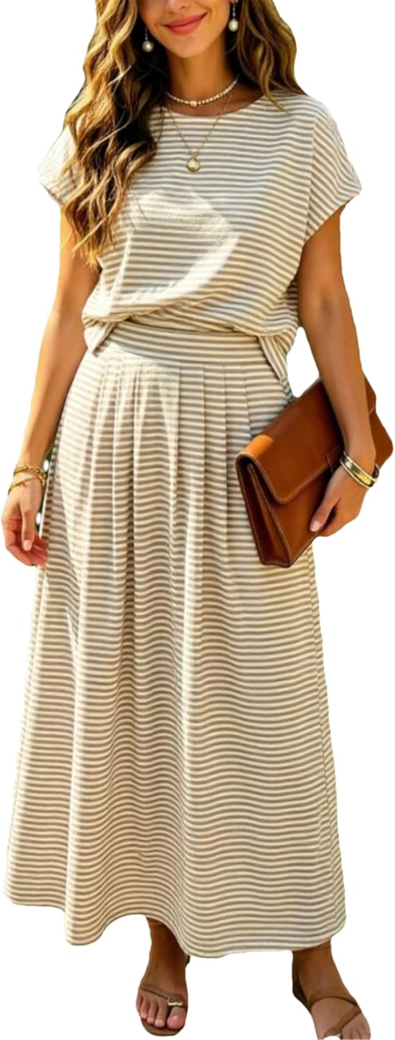 Zontroldy Women’s Summer 2 Piece Outfits Striped Skirt Sets Cap Sleeve Crop Top Midi Dress Matching Travel Outfits