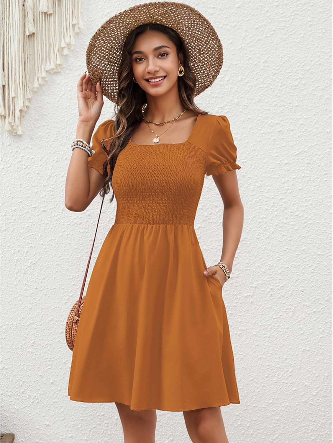 Women’s Summer Dresses with Pockets Short Sleeve Square Neck Flowy A Line Casual Boho Smocked Mini Sun Dress